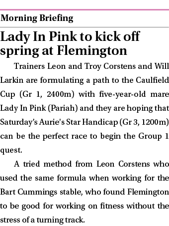  ￼ Lady In Pink to kick off spring at Flemington Trainers Leon and Troy Corstens and Will Larkin are formulating a pa...