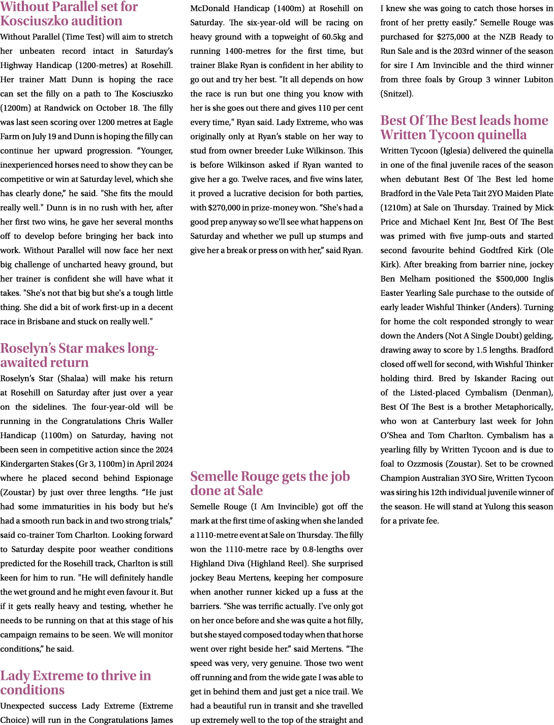 Without Parallel set for Kosciuszko audition Without Parallel (Time Test) will aim to stretch her unbeaten record int...