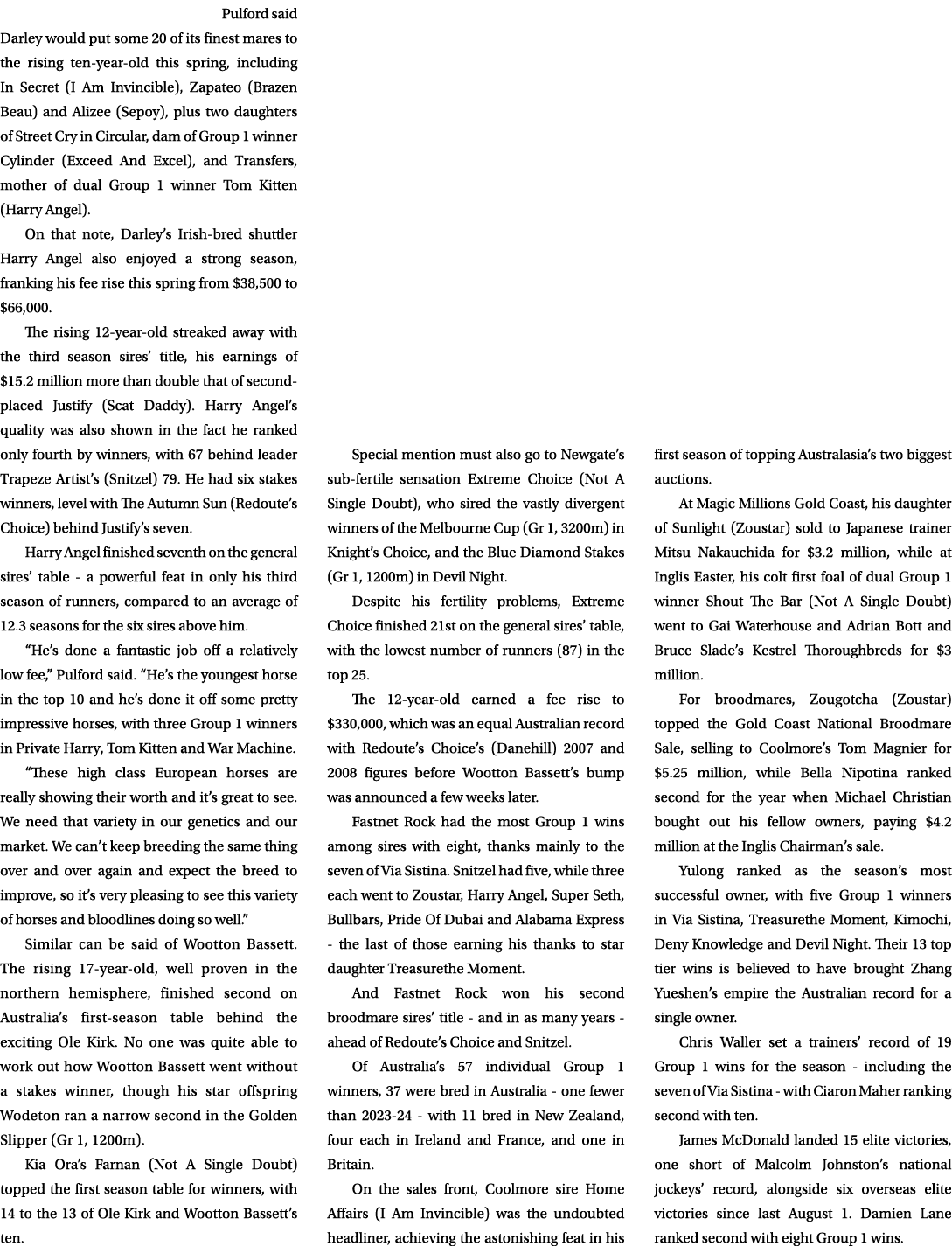 Pulford said Darley would put some 20 of its finest mares to the rising ten year old this spring, including In Secret...