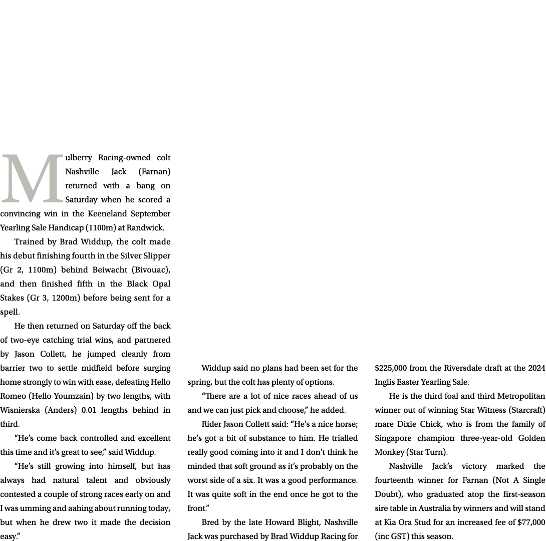  Mulberry Racing owned colt Nashville Jack (Farnan) returned with a bang on Saturday when he scored a convincing win ...