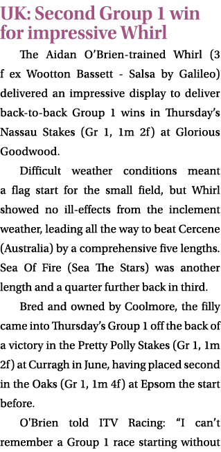 UK: Second Group 1 win for impressive Whirl The Aidan O’Brien trained Whirl (3 f ex Wootton Bassett Salsa by Galileo)...