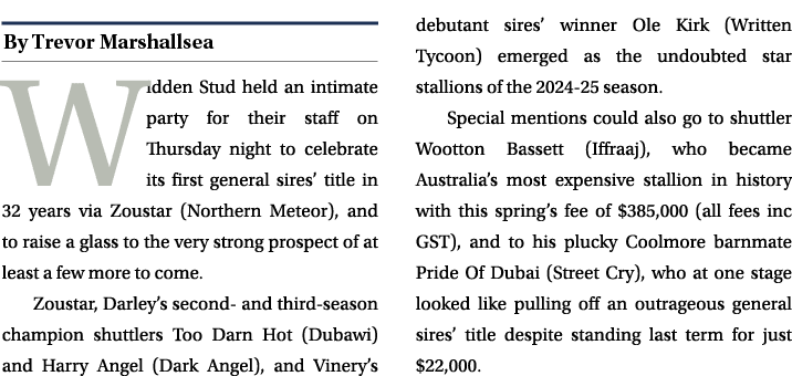 ￼ Widden Stud held an intimate party for their staff on Thursday night to celebrate its first general sires’ title in...