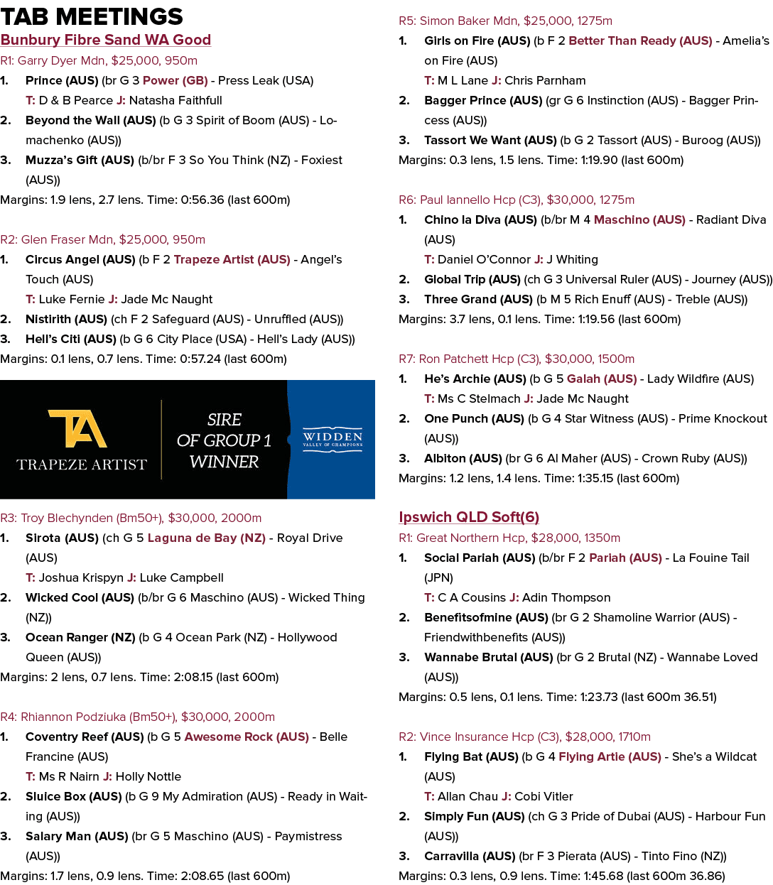 Tab Meetings Bunbury Fibre Sand WA Good R1: Garry Dyer Mdn, $25,000, 950m 1. Prince (AUS) (br G 3 Power (GB) Press Le...