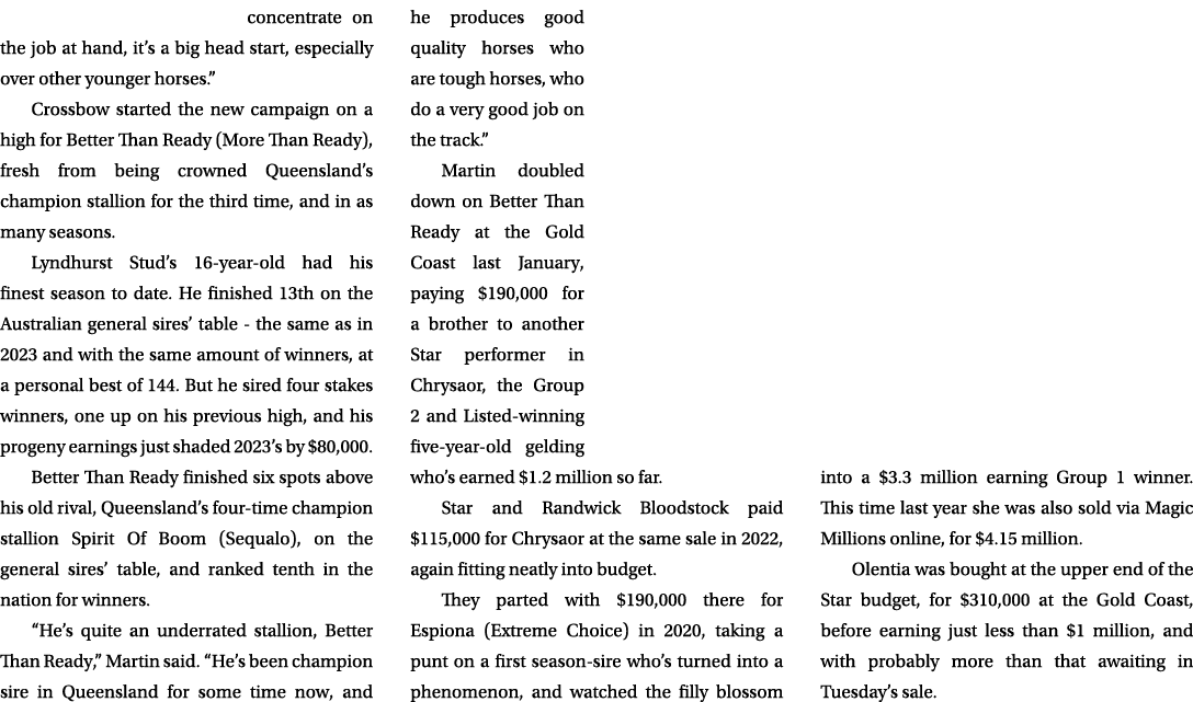 concentrate on the job at hand, it’s a big head start, especially over other younger horses.” Crossbow started the ne...