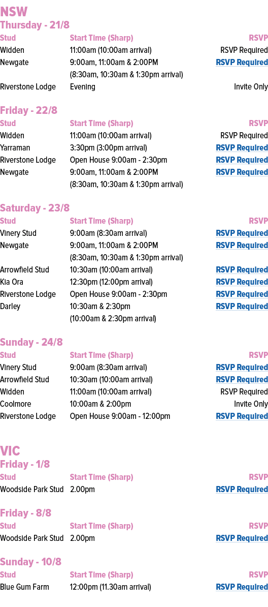 NSW Thursday 21/8 Stud Start Time (Sharp) RSVP Widden 11:00am (10:00am arrival) RSVP Required Newgate 9:00am, 11:00am...