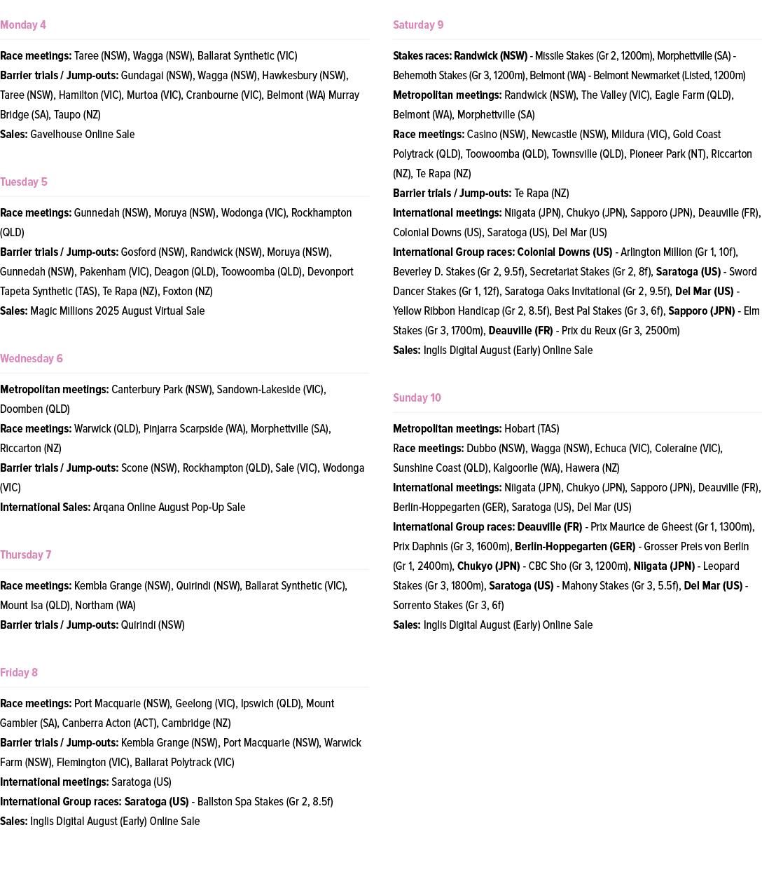 ￼ Race meetings: Taree (NSW), Wagga (NSW), Ballarat Synthetic (VIC) Barrier trials / Jump outs: Gundagai (NSW), Wagga...