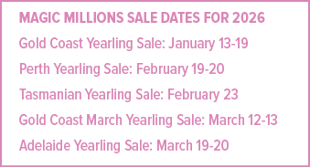 Magic Millions sale dates for 2026 Gold Coast Yearling Sale: January 13 19 Perth Yearling Sale: February 19 20 Tasman...