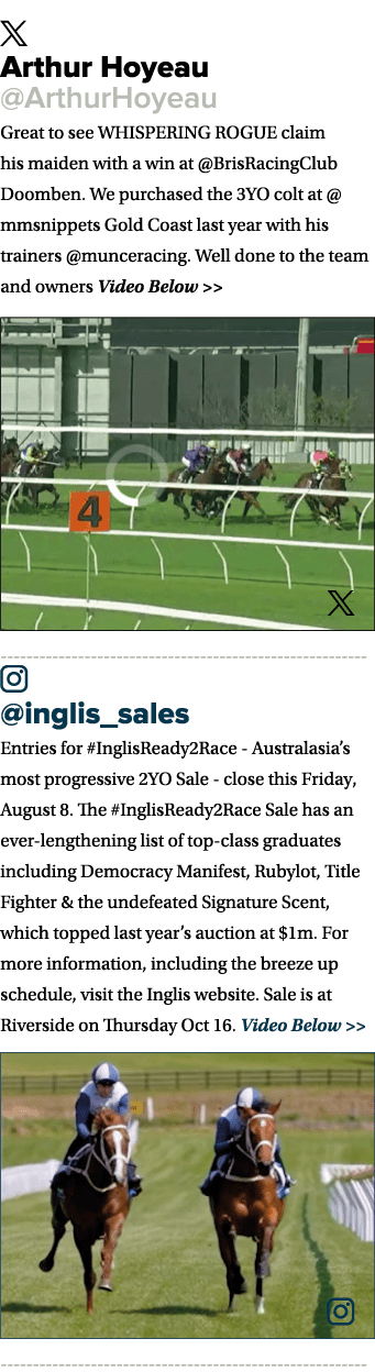 ￼ Arthur Hoyeau @ArthurHoyeau Great to see WHISPERING ROGUE claim his maiden with a win at @BrisRacingClub Doomben. W...