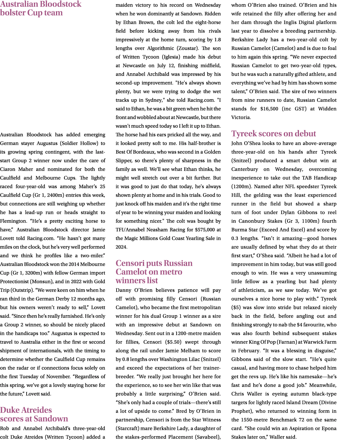 Australian Bloodstock bolster Cup team Australian Bloodstock has added emerging German stayer Augustus (Soldier Hollo...