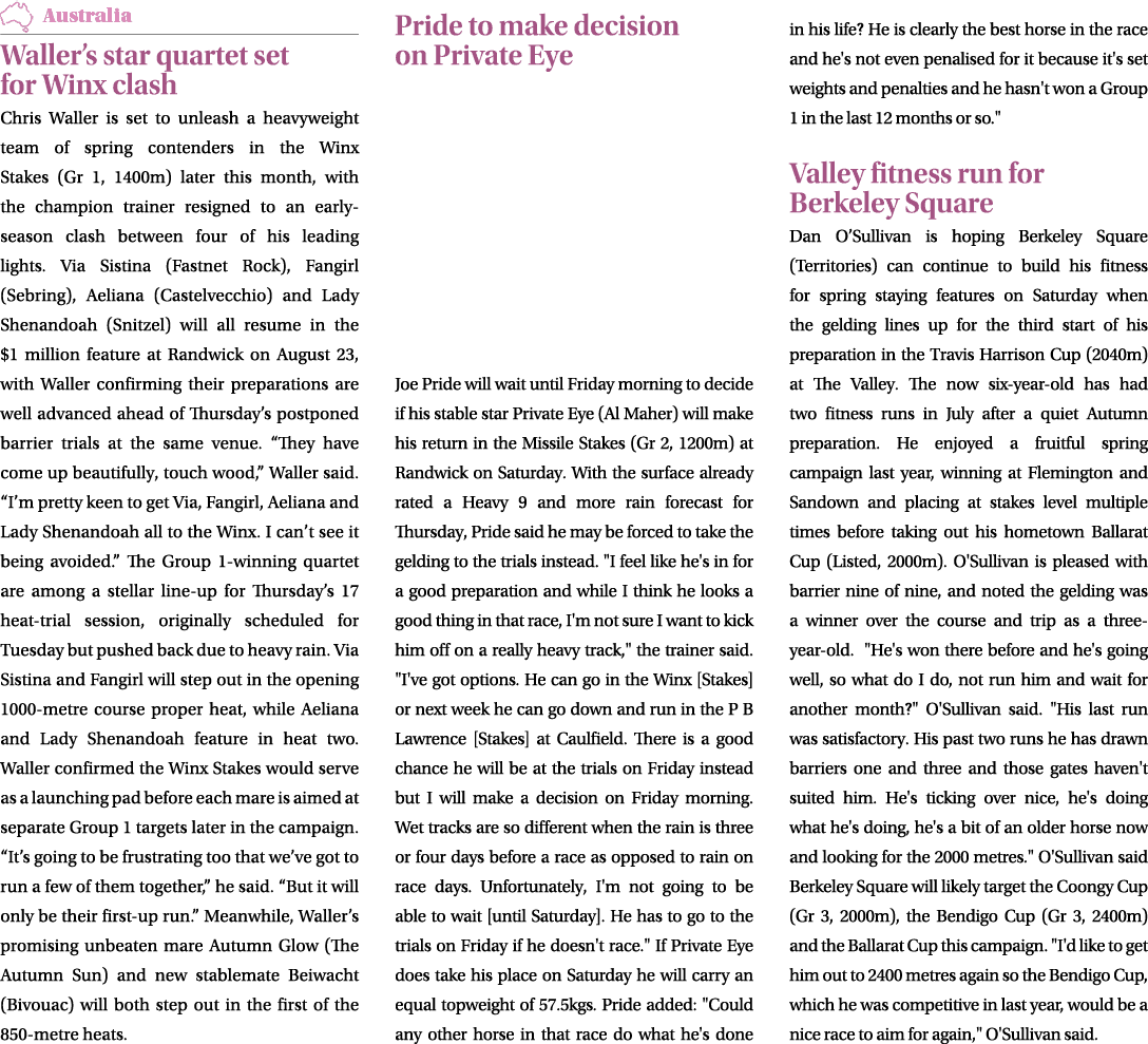 ￼ Waller’s star quartet set for Winx clash Chris Waller is set to unleash a heavyweight team of spring contenders in ...