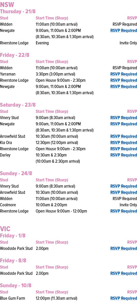 NSW Thursday 21/8 Stud Start Time (Sharp) RSVP Widden 11:00am (10:00am arrival) RSVP Required Newgate 9:00am, 11:00am...