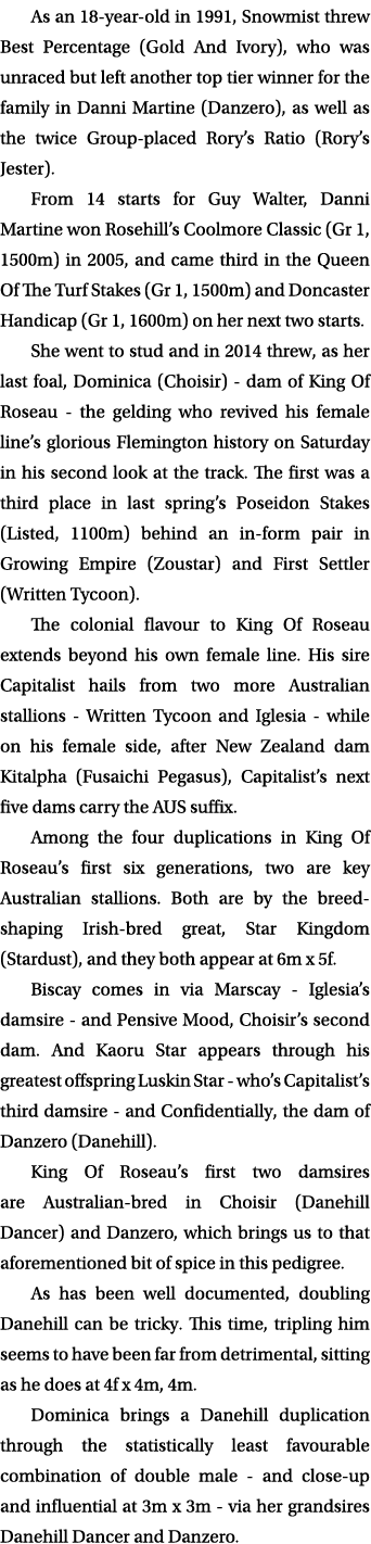 As an 18 year old in 1991, Snowmist threw Best Percentage (Gold And Ivory), who was unraced but left another top tier...