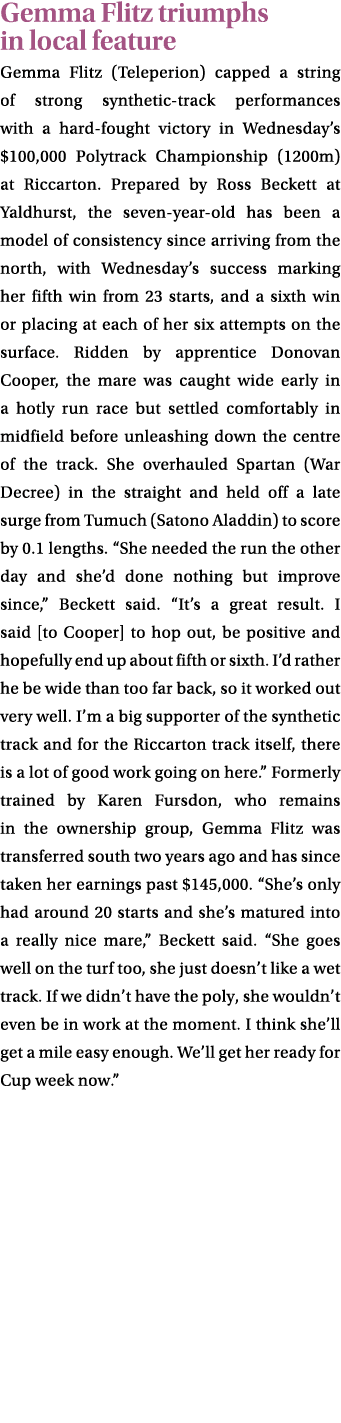 Gemma Flitz triumphs in local feature Gemma Flitz (Teleperion) capped a string of strong synthetic track performances...