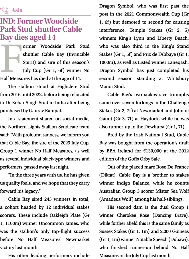 ￼ IND: Former Woodside Park Stud shuttler Cable Bay dies aged 14 Former Woodside Park Stud shuttler Cable Bay (Invinc...