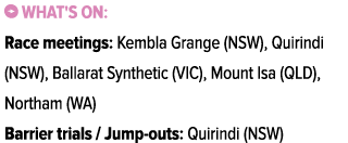 ￼ What's on: Race meetings: Kembla Grange (NSW), Quirindi (NSW), Ballarat Synthetic (VIC), Mount Isa (QLD), Northam (...