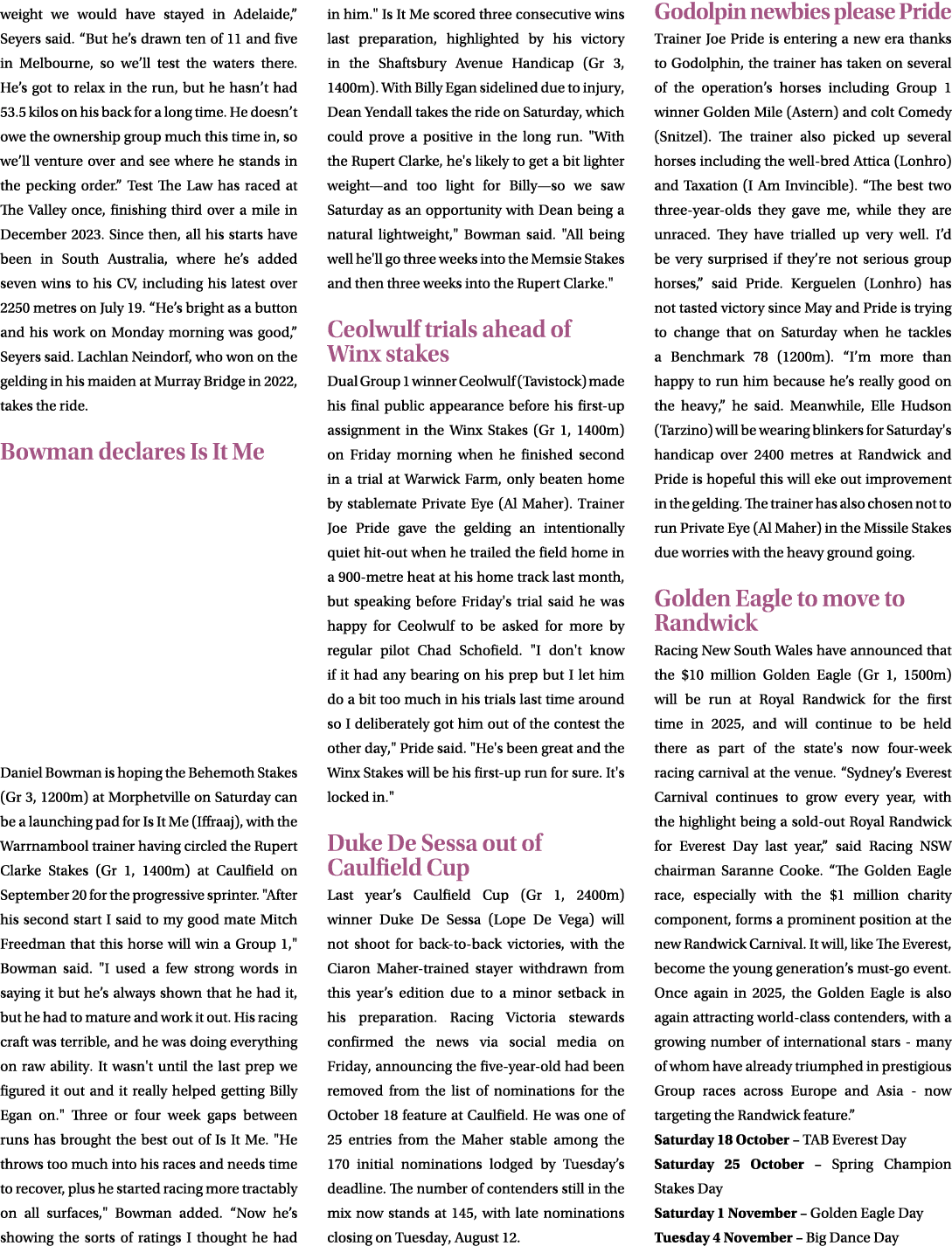 weight we would have stayed in Adelaide,” Seyers said. “But he’s drawn ten of 11 and five in Melbourne, so we’ll test...