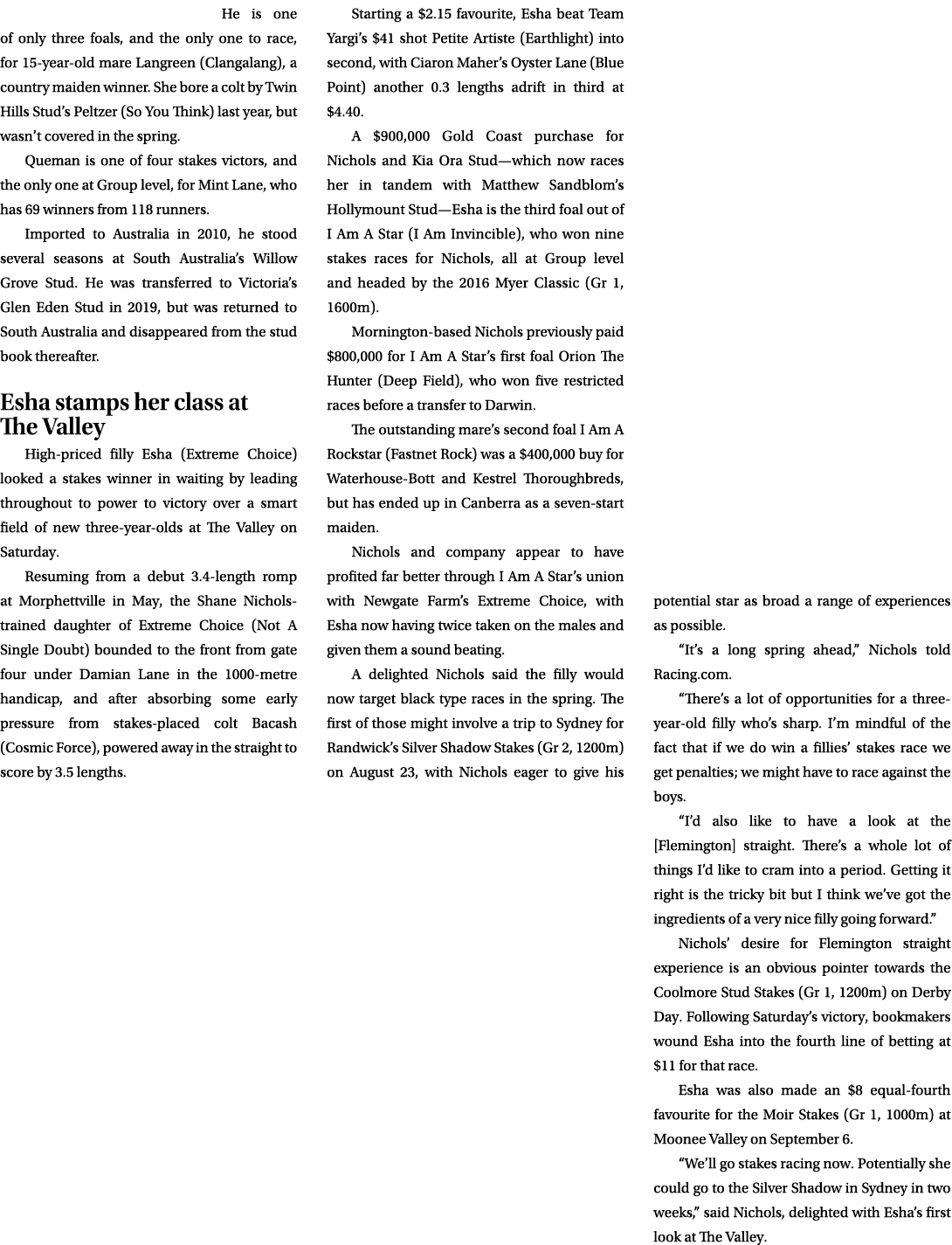 He is one of only three foals, and the only one to race, for 15 year old mare Langreen (Clangalang), a country maiden...