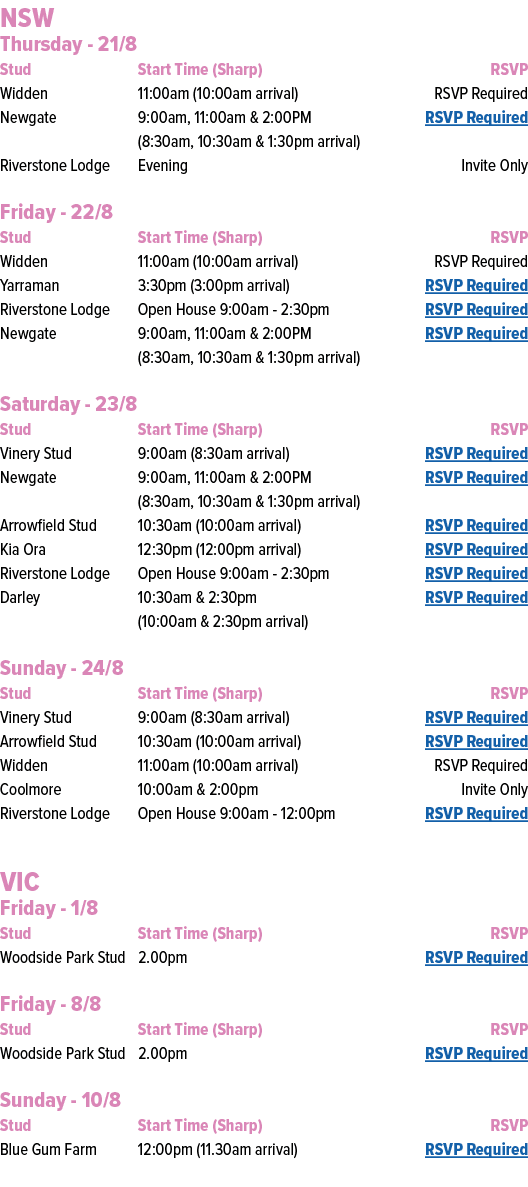 NSW Thursday 21/8 Stud Start Time (Sharp) RSVP Widden 11:00am (10:00am arrival) RSVP Required Newgate 9:00am, 11:00am...