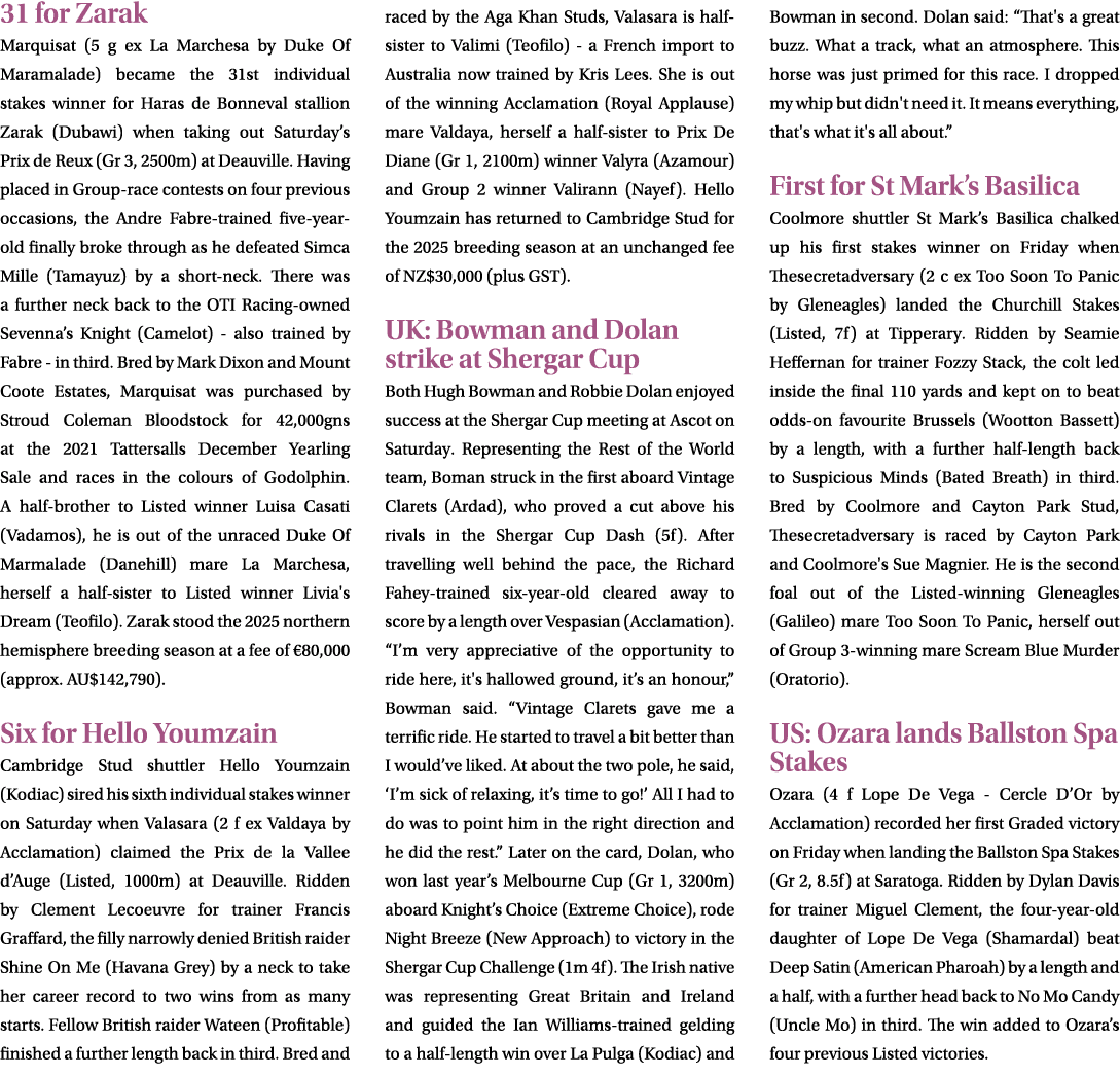 31 for Zarak Marquisat (5 g ex La Marchesa by Duke Of Maramalade) became the 31st individual stakes winner for Haras ...