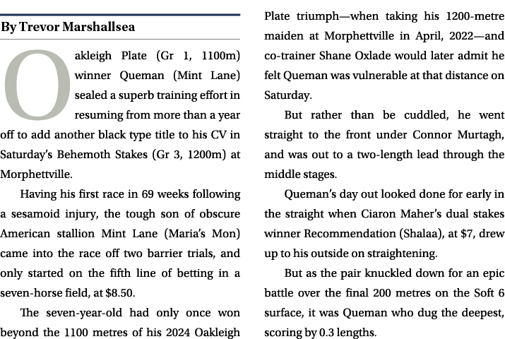 ￼ Oakleigh Plate (Gr 1, 1100m) winner Queman (Mint Lane) sealed a superb training effort in resuming from more than a...