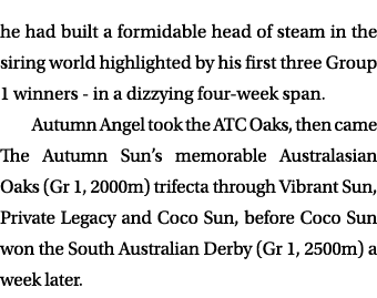 he had built a formidable head of steam in the siring world highlighted by his first three Group 1 winners in a dizzy...