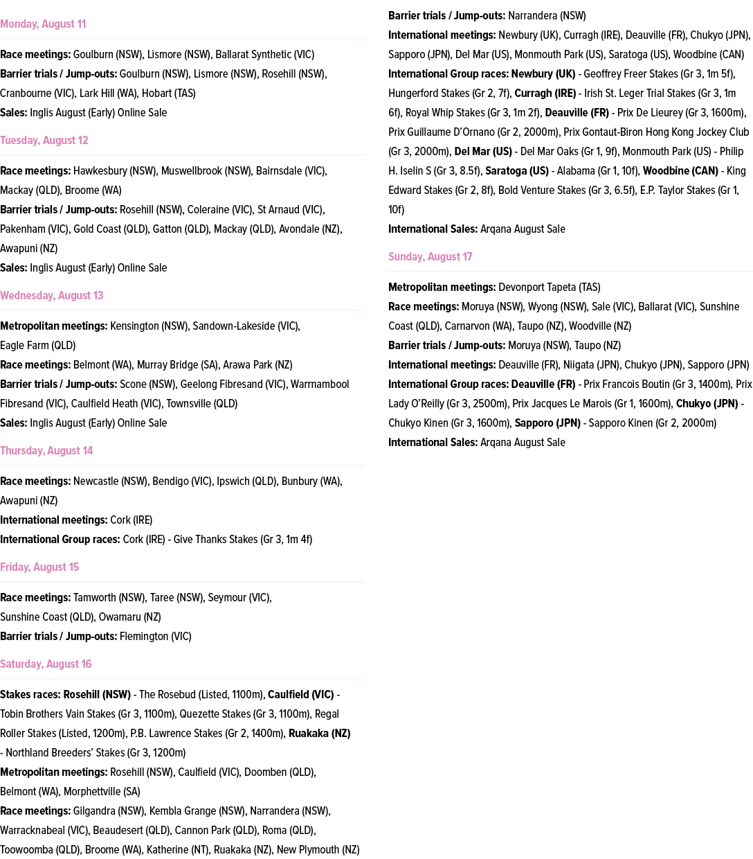 ￼ Race meetings: Goulburn (NSW), Lismore (NSW), Ballarat Synthetic (VIC) Barrier trials / Jump outs: Goulburn (NSW), ...