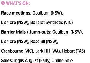 ￼ What's on: Race meetings: Goulburn (NSW), Lismore (NSW), Ballarat Synthetic (VIC) Barrier trials / Jump outs: Goulb...