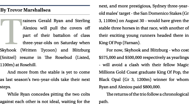 ￼ Trainers Gerald Ryan and Sterling Alexiou will pull the covers off part of their battalion of class three year olds...