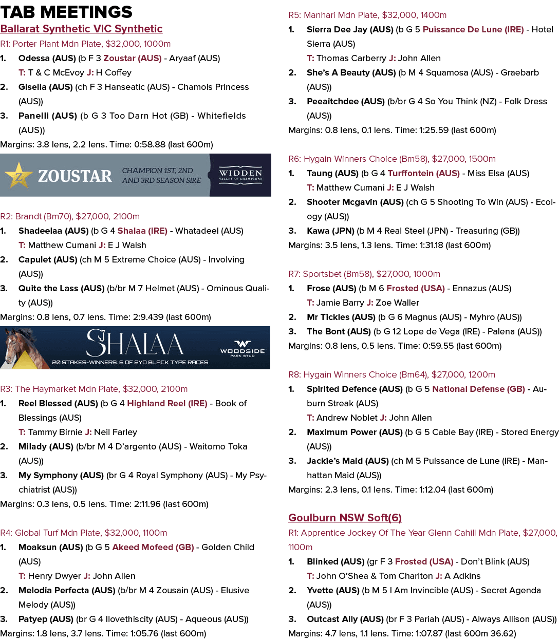 Tab Meetings Ballarat Synthetic VIC Synthetic R1: Porter Plant Mdn Plate, $32,000, 1000m 1. Odessa (AUS) (b F 3 Zoust...