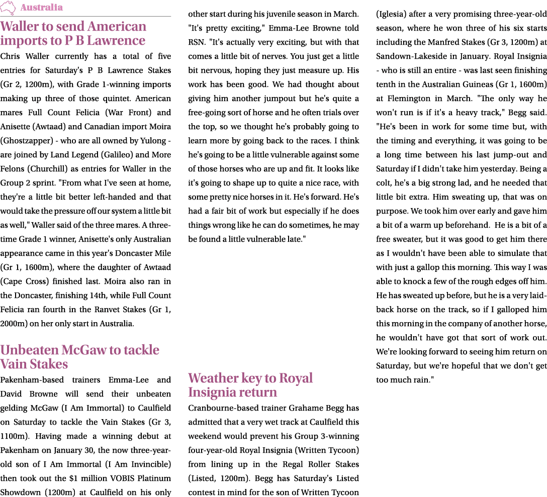 ￼ Waller to send American imports to P B Lawrence Chris Waller currently has a total of five entries for Saturday's P...
