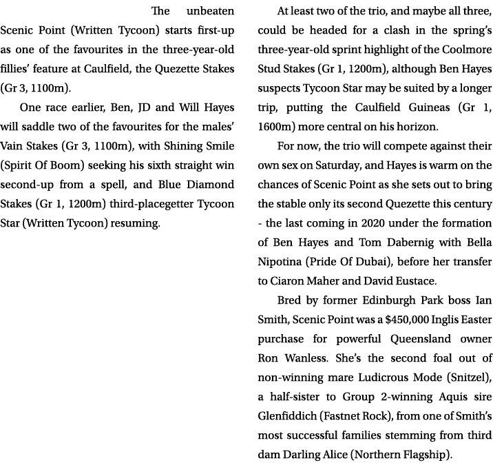 The unbeaten Scenic Point (Written Tycoon) starts first up as one of the favourites in the three year old fillies’ fe...