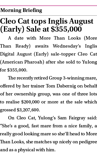  ￼ Cleo Cat tops Inglis August (Early) Sale at $355,000 A date with More Than Looks (More Than Ready) awaits Wednesda...