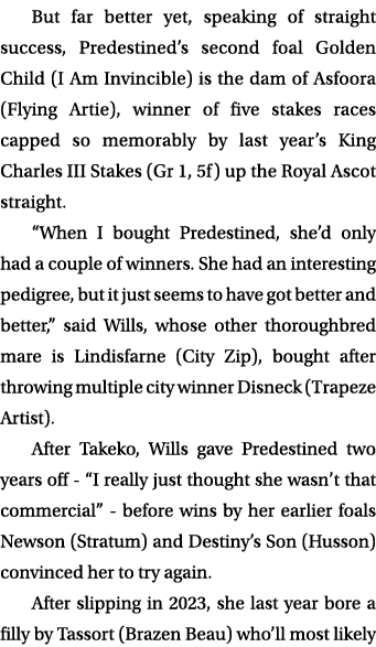 But far better yet, speaking of straight success, Predestined’s second foal Golden Child (I Am Invincible) is the dam...