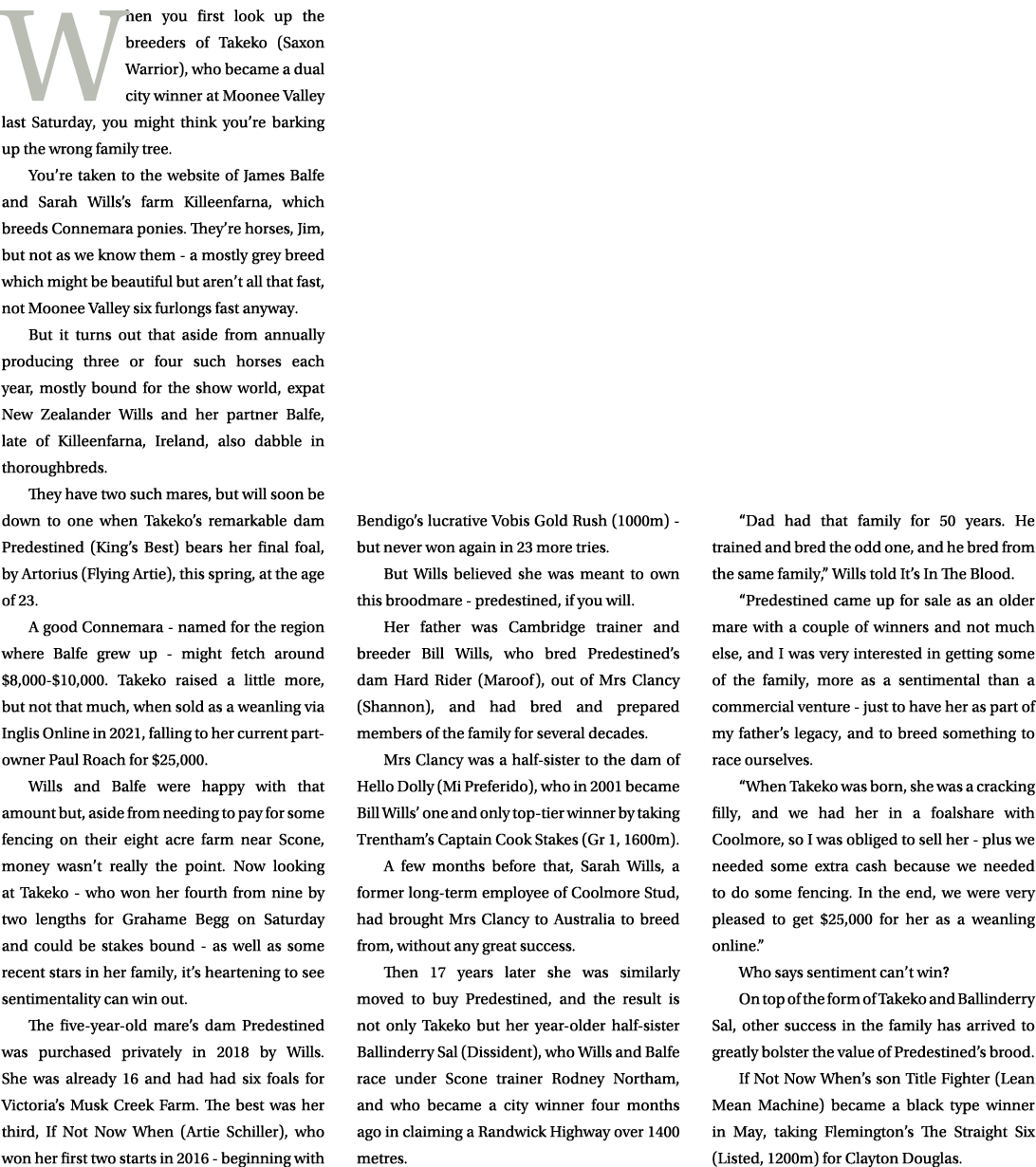 When you first look up the breeders of Takeko (Saxon Warrior), who became a dual city winner at Moonee Valley last Sa...