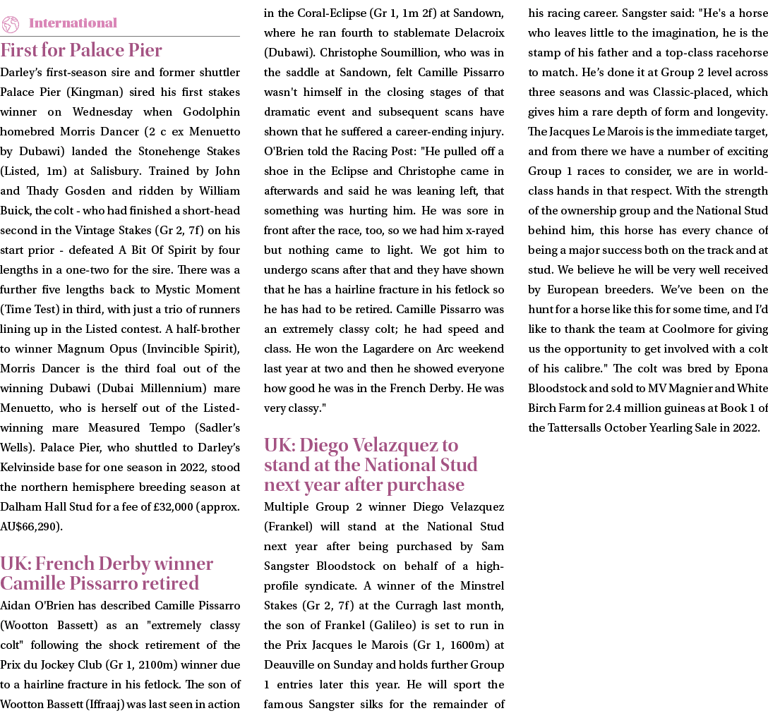 ￼ First for Palace Pier Darley’s first season sire and former shuttler Palace Pier (Kingman) sired his first stakes w...