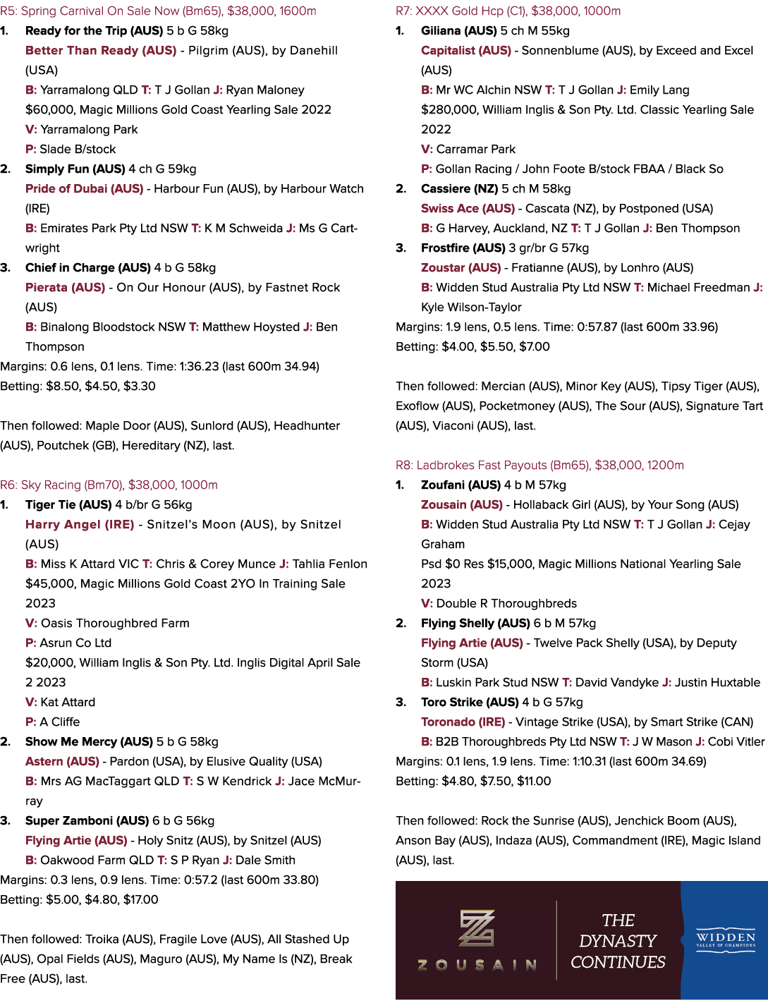 R5: Spring Carnival On Sale Now (Bm65), $38,000, 1600m 1. Ready for the Trip (AUS) 5 b G 58kg Better Than Ready (AUS)...