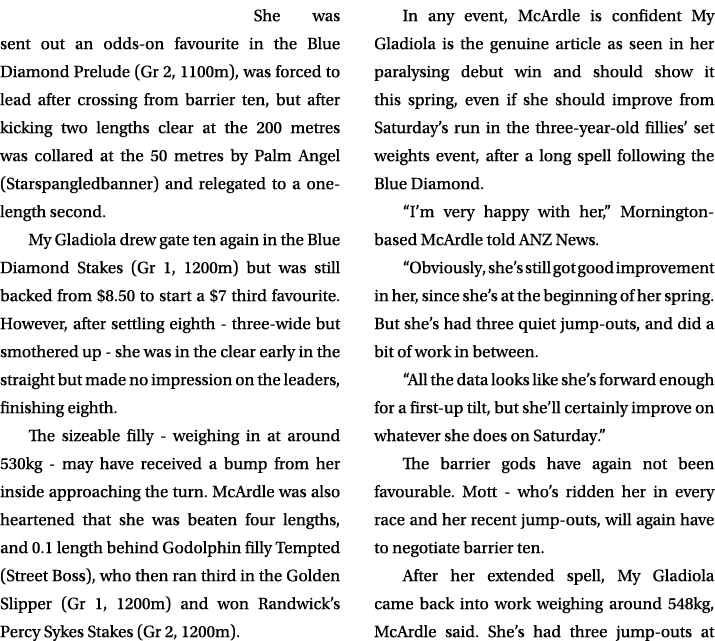She was sent out an odds on favourite in the Blue Diamond Prelude (Gr 2, 1100m), was forced to lead after crossing fr...