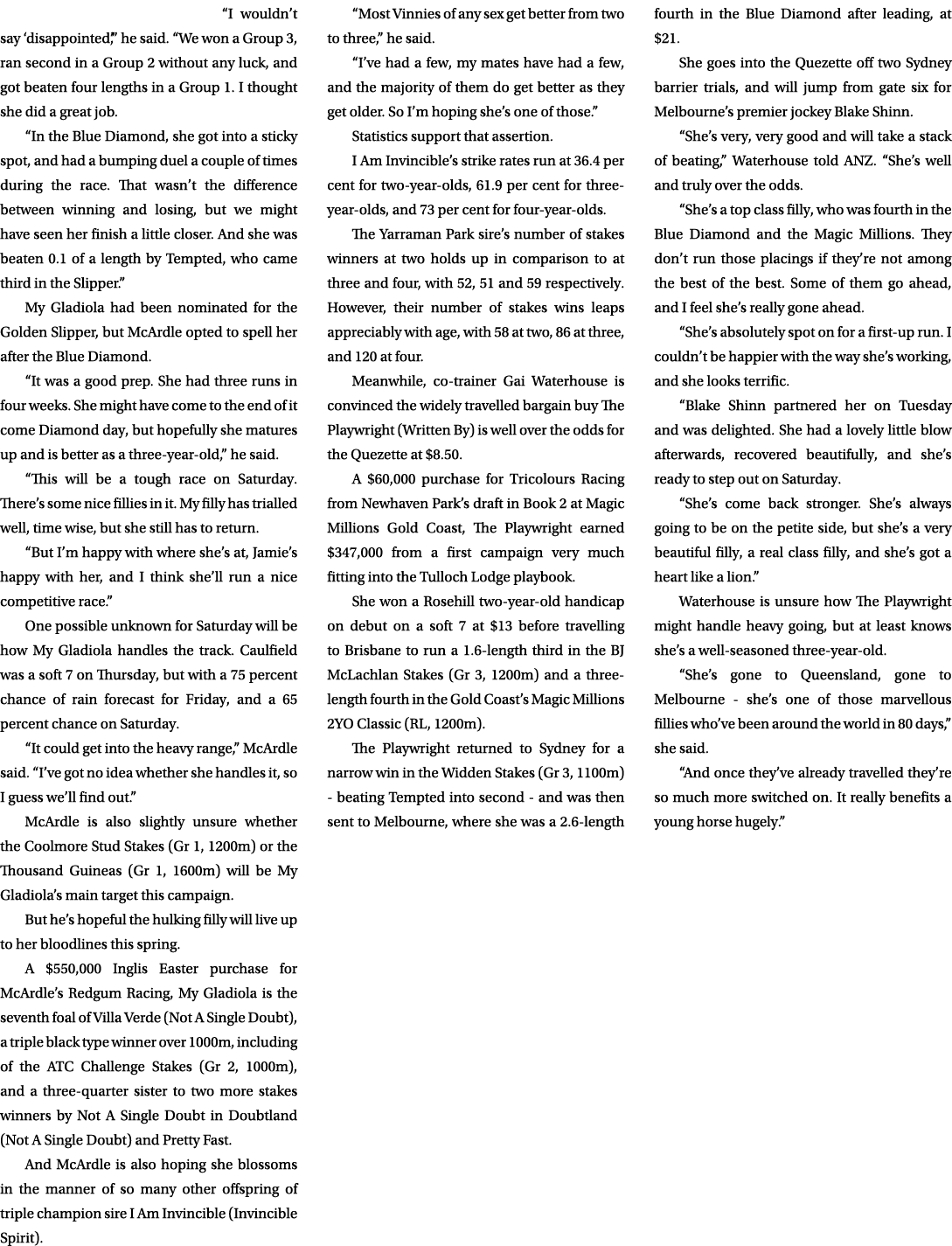 “I wouldn’t say ‘disappointed’,” he said. “We won a Group 3, ran second in a Group 2 without any luck, and got beaten...