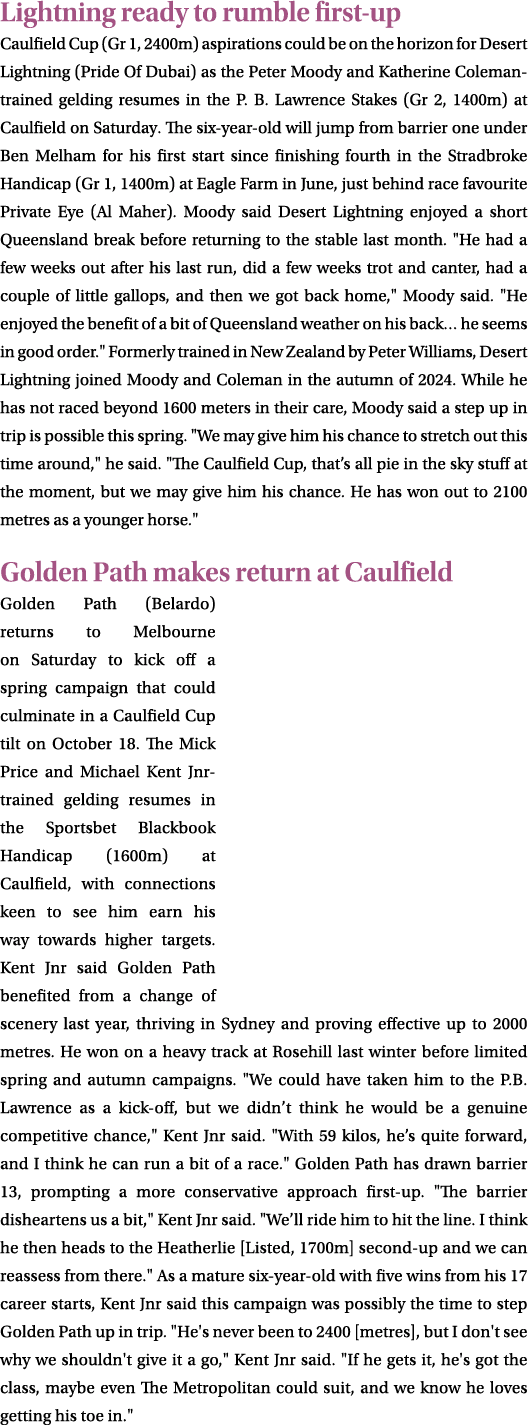 Lightning ready to rumble first up Caulfield Cup (Gr 1, 2400m) aspirations could be on the horizon for Desert Lightni...