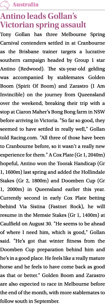 ￼ Antino leads Gollan’s Victorian spring assault Tony Gollan has three Melbourne Spring Carnival contenders settled i...