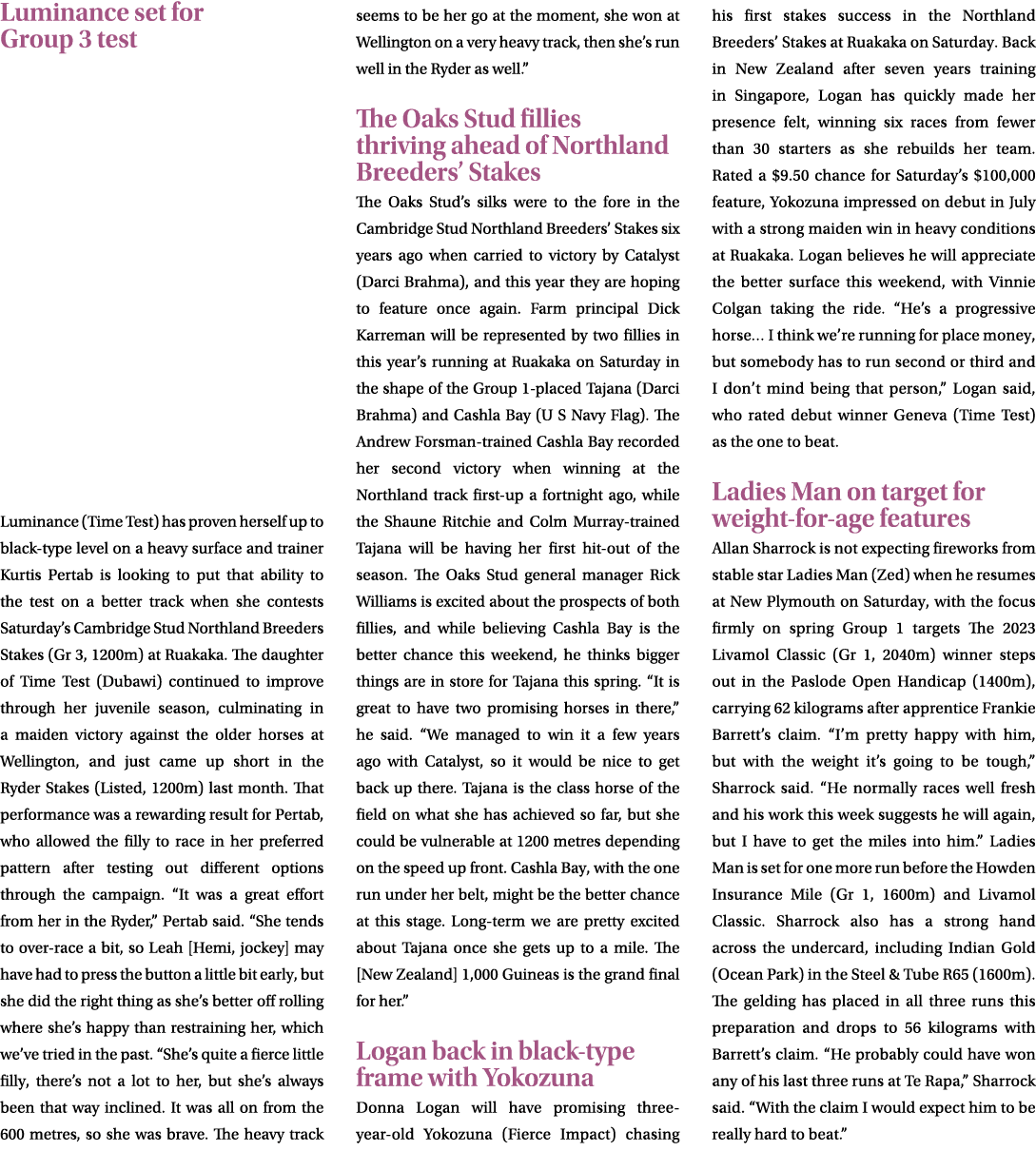Luminance set for Group 3 test Luminance (Time Test) has proven herself up to black type level on a heavy surface and...