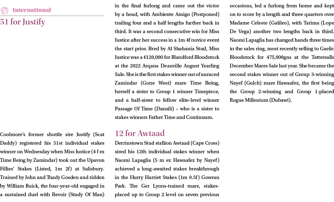 ￼ 51 for Justify Coolmore’s former shuttle sire Justify (Scat Daddy) registered his 51st individual stakes winner on ...