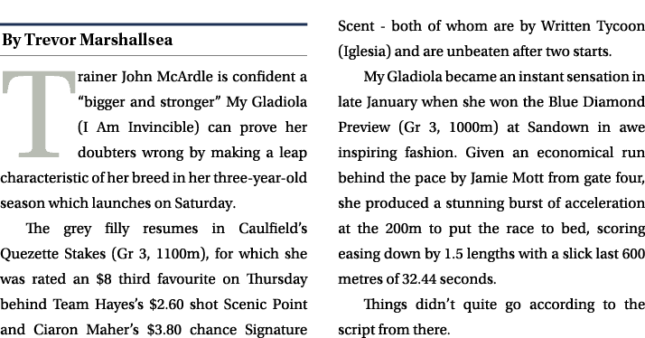 ￼ Trainer John McArdle is confident a “bigger and stronger” My Gladiola (I Am Invincible) can prove her doubters wron...