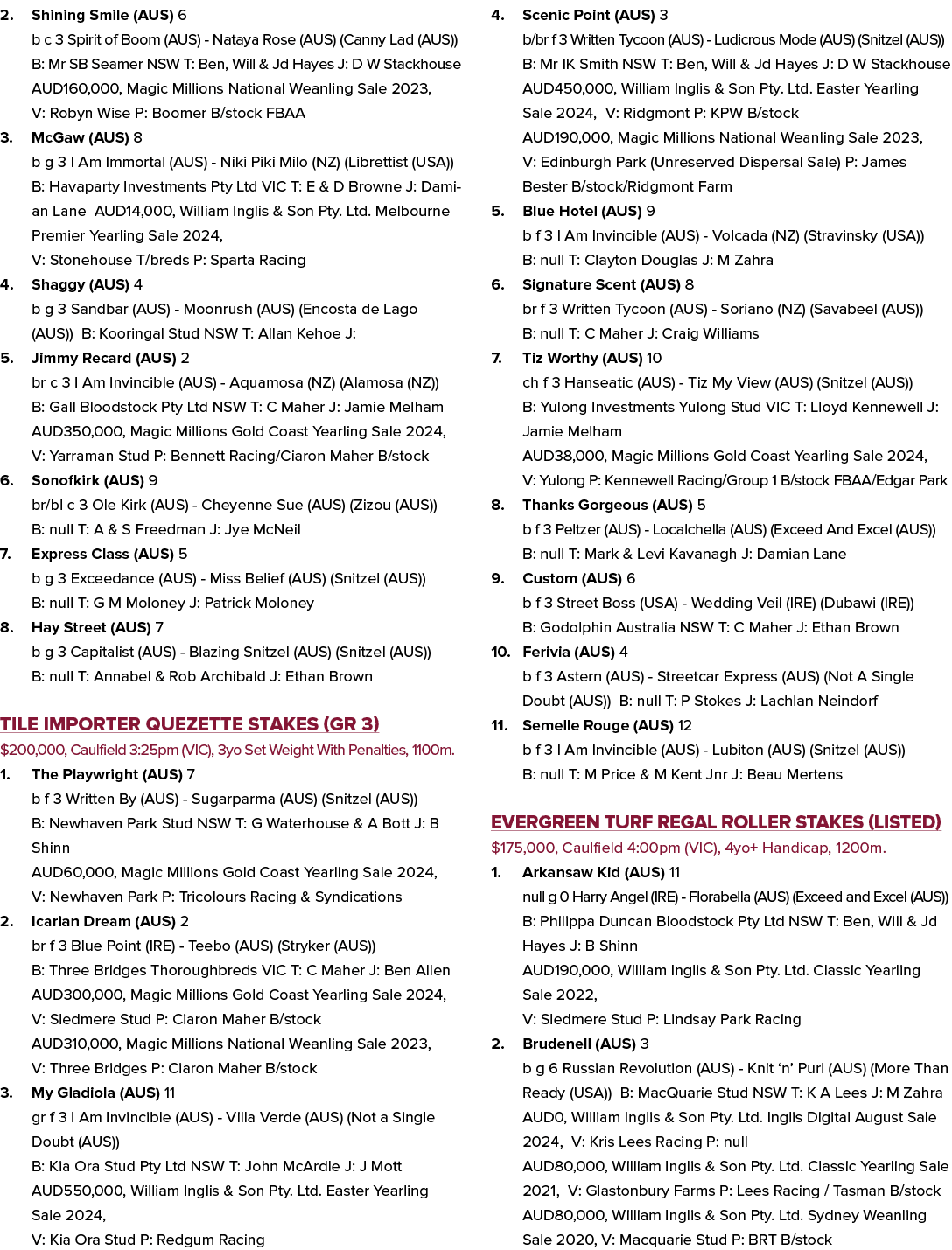 2. Shining Smile (AUS) 6 b c 3 Spirit of Boom (AUS) Nataya Rose (AUS) (Canny Lad (AUS)) B: Mr SB Seamer NSW T: Ben, W...