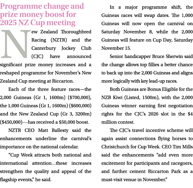 Programme change and prize money boost for 2025 NZ Cup meeting New Zealand Thoroughbred Racing (NZTR) and the Canterb...