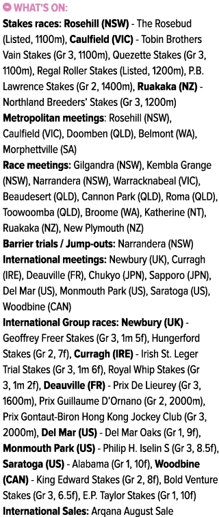 ￼ What's on: Stakes races: Rosehill (NSW) The Rosebud (Listed, 1100m), Caulfield (VIC) Tobin Brothers Vain Stakes (Gr...