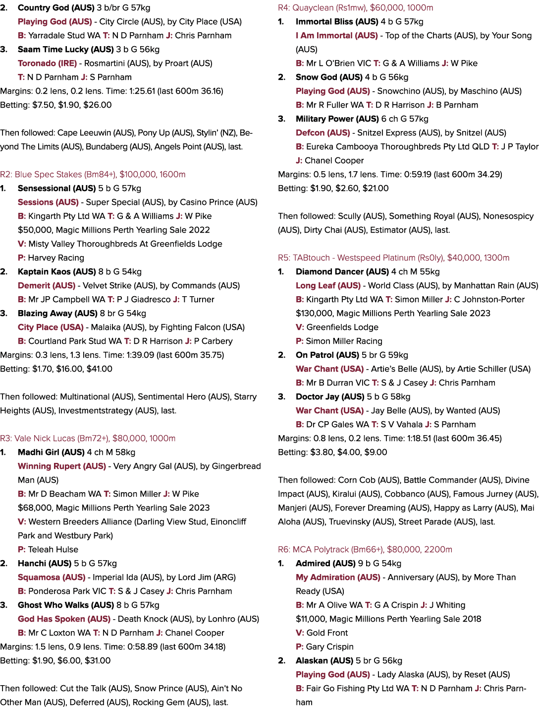2. Country God (AUS) 3 b/br G 57kg Playing God (AUS) City Circle (AUS), by City Place (USA) B: Yarradale Stud WA T: N...