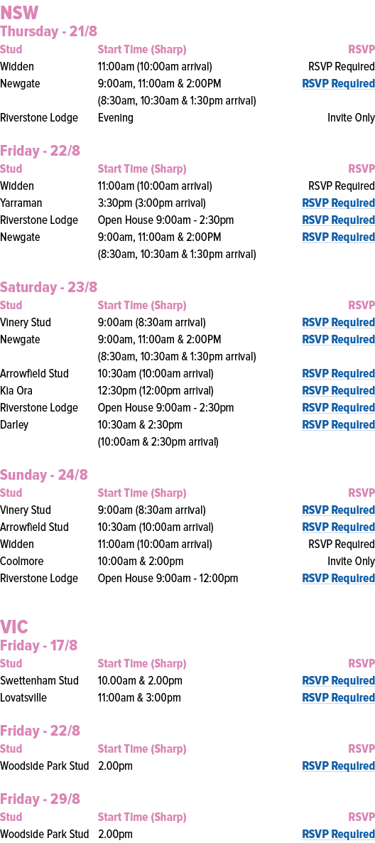 NSW Thursday 21/8 Stud Start Time (Sharp) RSVP Widden 11:00am (10:00am arrival) RSVP Required Newgate 9:00am, 11:00am...