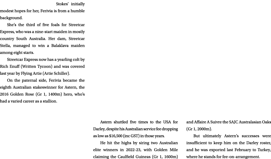Stokes’ initially modest hopes for her, Ferivia is from a humble background. She’s the third of five foals for Street...