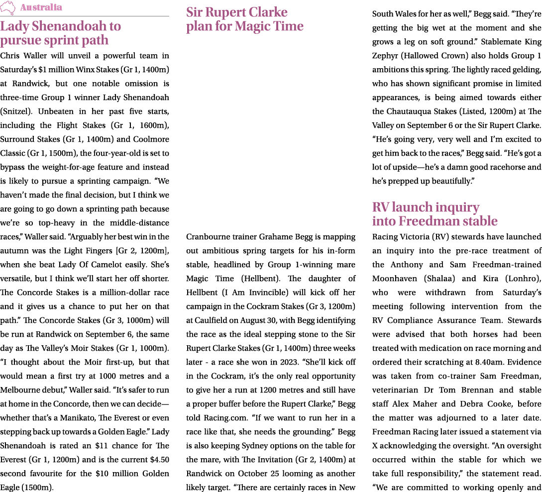 ￼ Lady Shenandoah to pursue sprint path Chris Waller will unveil a powerful team in Saturday’s $1 million Winx Stakes...